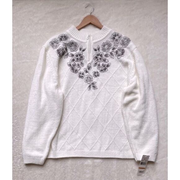 NWT Alfred Dunner Glacier Lake Pullover Half Zip Embroidered Sweater in Ivory - Picture 1 of 6